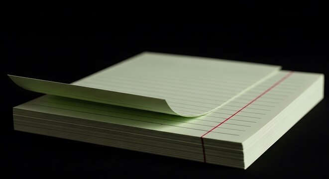 A stack of lined notepads, one page partially lifted, set against a black backdrop