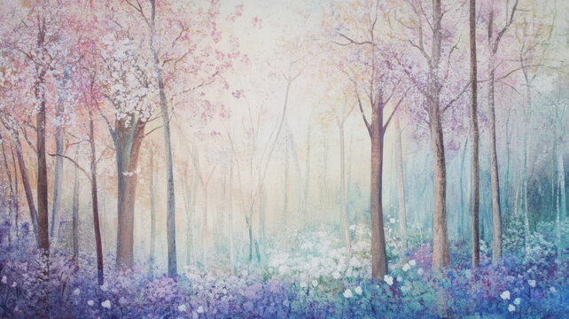 Watercolor forest painting. Colorful forest illustration with blooming trees and flowers in the ground.