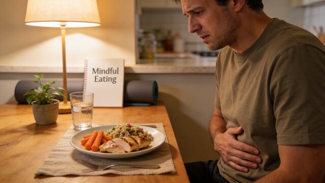 Man at dining table eating low trigger meal with IBS
