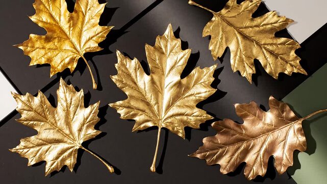 Shiny golden autumn leaves on dark decorative background
