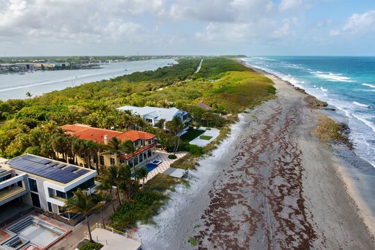 Aerial view of the coastline where the deep blue sea meets the sandy shore, lush green vegetation thrives, and houses stand elegantly, Jupiter Island, Florida, United States.