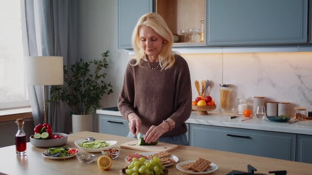 Mature woman slices cucumber for salad at kitchen island counter