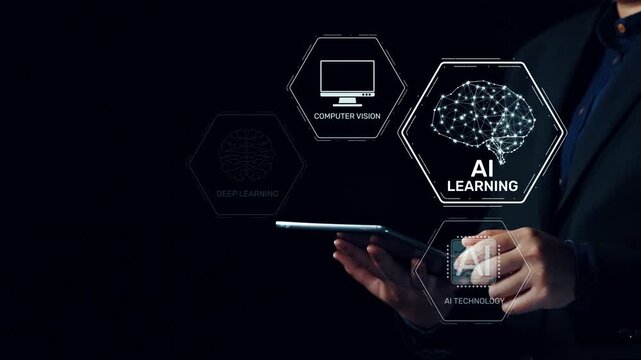 AI learning system involves deep learning, supervised machine learning, and natural language processing. AI learning diagram shows how AI advances learn in automation and data processing. Elide