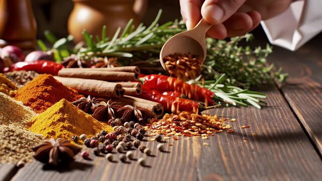 Assorted Ground Spices and Fresh Herbs Displayed on Rustic Wooden Table
