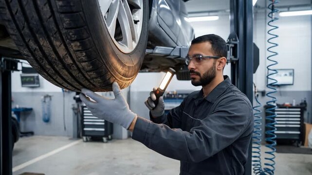 Car mechanic inspecting tire with hand torch in auto repair shop workshop