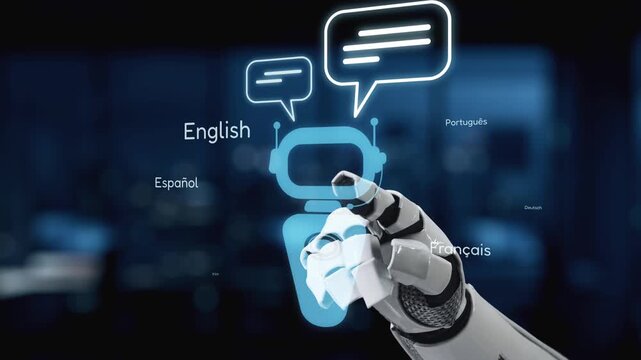 A futuristic robotic hand interacts with digital speech bubbles, showcasing a range of languages including English, Spanish, French, and more in a modern interface. Synapse