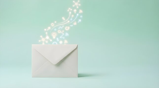 Whimsical stream of glowing digital communication icons emerging from a pristine white envelope on a serene mint green background, symbolizing new ideas and magical messages