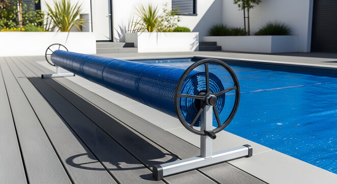 Automatic pool cover reel on gray decking next to blue swimming pool. Generated AI