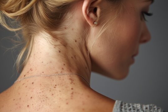 Back with multiple moles and freckles, skin nevi pattern, dermatology screening concept