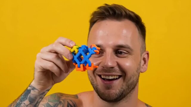 Male individual with tattoos smiles while holding colorful interlocking toy pieces against a bright yellow background, showcasing playful engagement and creativity