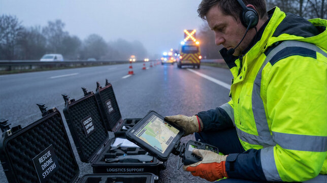 Man in high visibility jacket operating drone controller and tablet with map on foggy highway. Emergency rescue drone systems and logistics support setup. Roadside assistance technology for quick