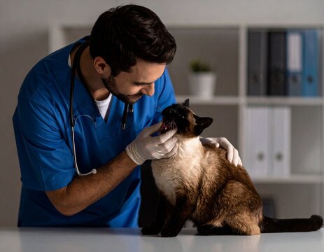 veterinario en consulta con gato siames en casa o a domicilio