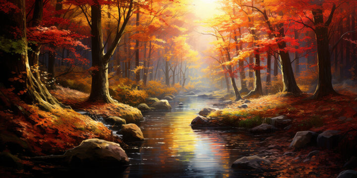 Brook flowing through autumn forest. Beautiful nature scenery in fall colors. Landscape painting.