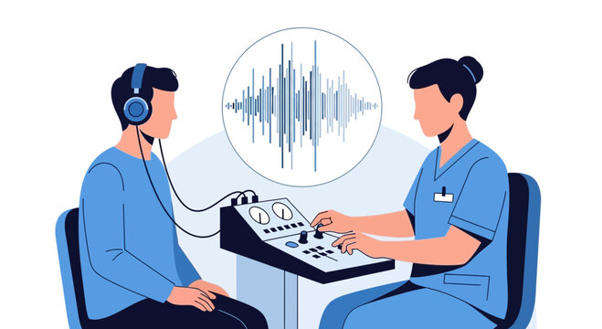 Audiologist performing hearing test on patient with headphones and audiometer