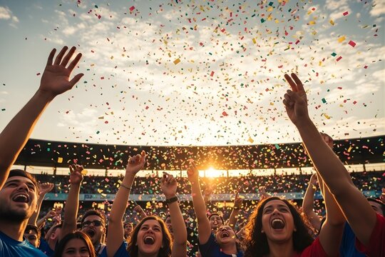 Cheering crowd throwing colorful confetti stadium celebration sunny day cinematic photography