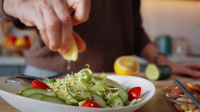 Old woman hand squeezes lemon onto salad with cucumbers on plate