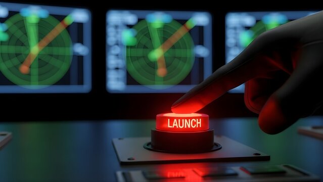 Hand pressing red Launch button on control panel with screens in dark room cinematic 3D render
