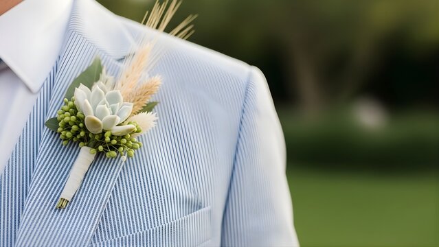 Elegant groom wearing light blue suit with white rose boutonniere on lapel outdoor wedding.