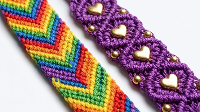 AI generated handmade colorful macrame friendship bracelets with gold hearts on white
