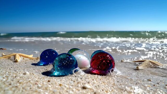 Bright seaside scene featuring colorful glass marbles and starfish on sunlit sand with rolling waves and blue sky