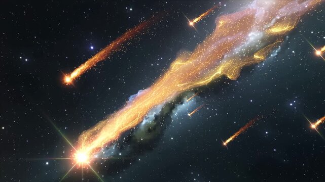 Meteor shower asteroidstorm with dynamic mood featuring fiery asteroids flying through space on starry background 