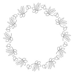 Fototapeta premium Ornate olive branch wreath in black and white engraving style. Vector botanical frame for vintage branding, wine labels, and classic stationery design.