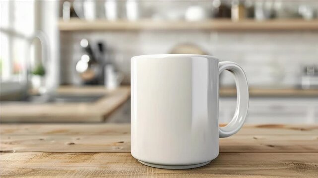 White ceramic coffee mug on wooden counter with blurred background.