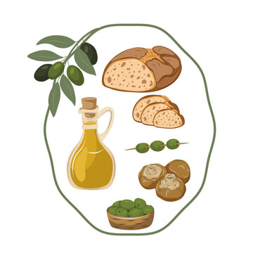 Mediterranean food set with olive oil, fresh bread slices, and olives in a bowl. Vector illustration for bakery menu, kitchen wall art, and grocery branding.