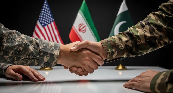 Solider shaking hands to formalize a ceasefire agreement. International diplomacy with flags of United States, Iran, and Pakistan. Conflict resolution and global security meeting concept.