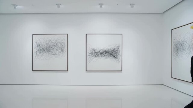 Individual with cactus headpiece in formal attire walks through modern art gallery, observing abstract line artworks displayed on white walls in a bright, minimalist setting