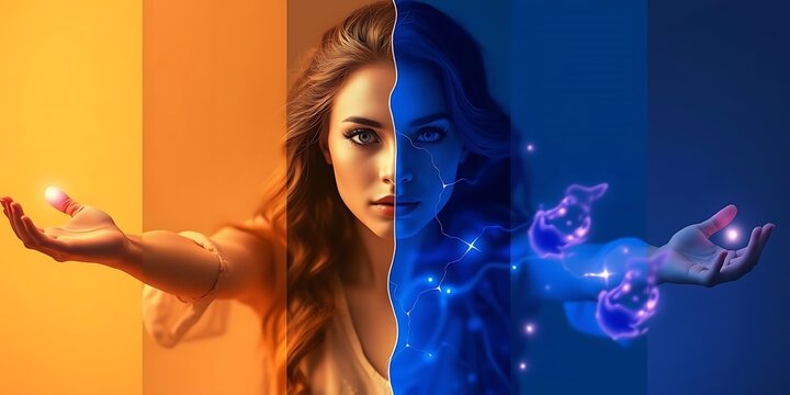 Dualistic digital portrait of a woman split between light and shadow. The left side features warm orange tones and a glowing spark, while the right side transforms into a celestial blue entity.