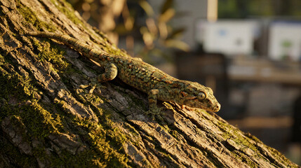 Obraz premium Gecko lizard climbing mossy tree bark in outdoor setting. Camouflaged reptile blending with natural environment. Wildlife observation and biodiversity conservation concept