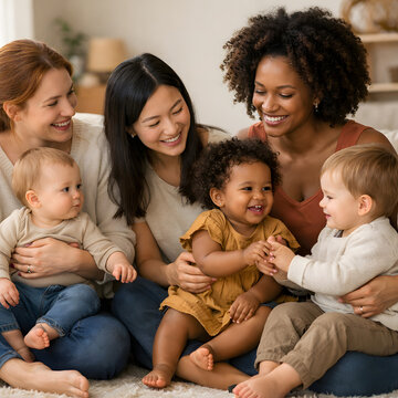 Diverse mothers with children bonding at home, authentic inclusive family moment, warm natural light, modern lifestyle scene, multicultural parenting, emotional connection, candid interaction
