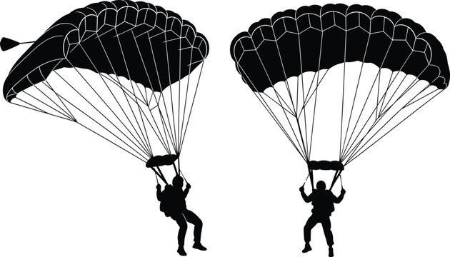 Parachutist Silhouette Vector Set Featuring Skydivers In Mid Air With Open Parachutes For Extreme Sports Aviation Adventure Skydiving Clubs And Outdoor Activity Graphic Designs