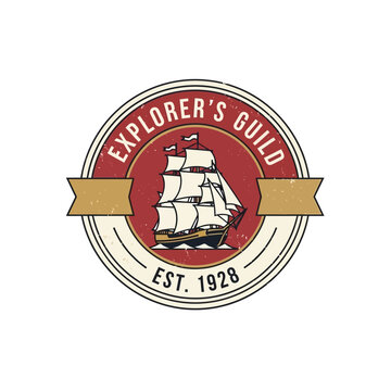 Vintage Explorers Guild Emblem with Sailing Ship.