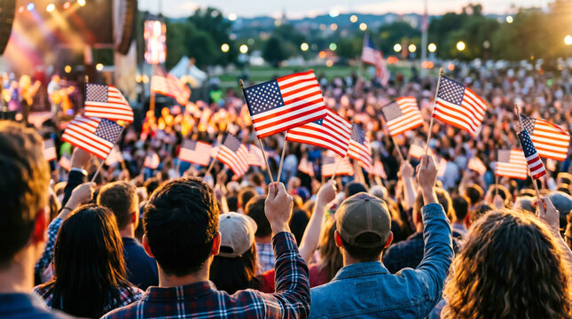 Many people hold American flags while enjoying a concert at a park. The crowd is lively and gathered in the evening. Lights illuminate the scene as they celebrate together