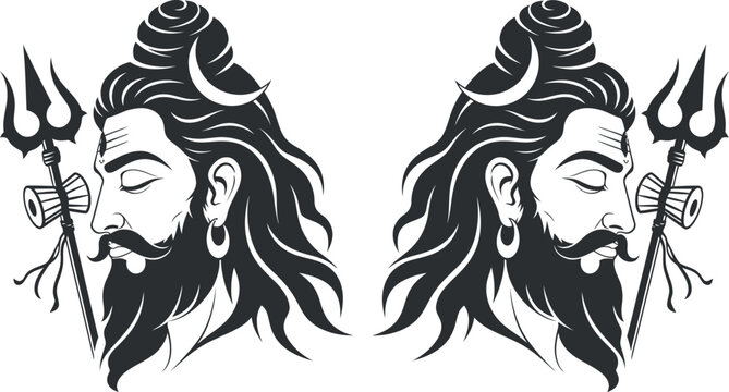 A black and white illustration of two identical depictions of the hindu god shiva with a trident