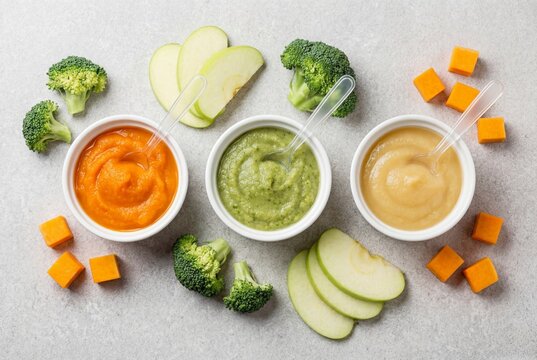 Assorted Organic Baby Food Purees with Fresh Ingredients on Grey Stone Background