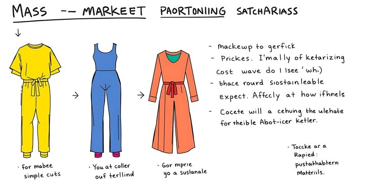 Hand-drawn fashion infographic showing mass-market garment production. Features colorful jumpsuits with sketches and handwritten design notes.