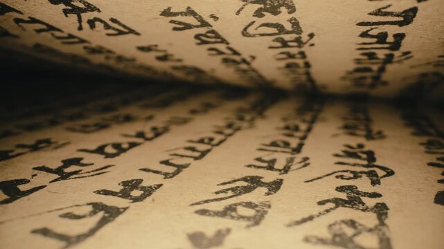 Old Vintage Handwritten Scriptures On Sanskrit. Exploring Sacred Vedic Knowledge