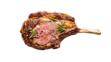 Juicy grilled lamb chop with rosemary and peppercorns, isolated on transparent background © Laura