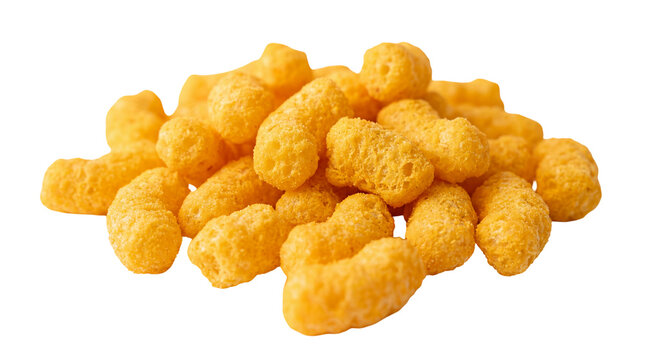 Pile of crunchy cheese puffs snack food, isolated on transparent background
