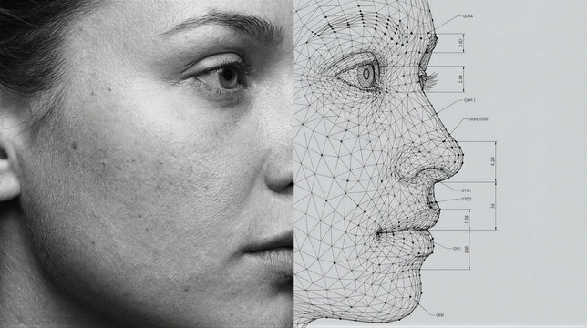 Womans face profile next to 3D wireframe model. Digital facial scanning and virtual reconstruction. Technology in computer graphics and animation design.