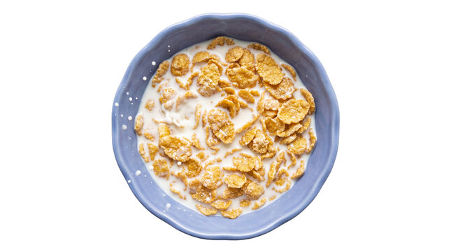 Blue ceramic bowl filled with golden corn flakes and creamy milk, isolated on transparent background