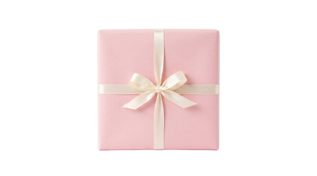 Rectangular pink gift box with cream ribbon and bow, isolated on transparent background