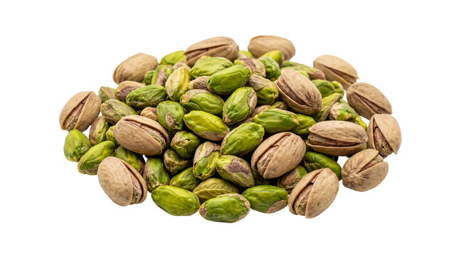 Pile of shelled and unshelled pistachios, isolated on transparent background