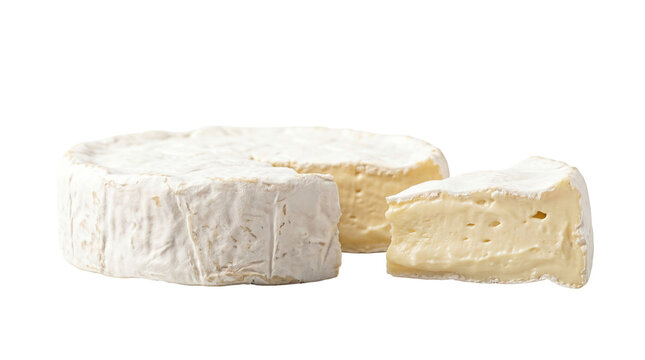 Whole brie cheese wheel with a slice cut out, isolated on transparent background