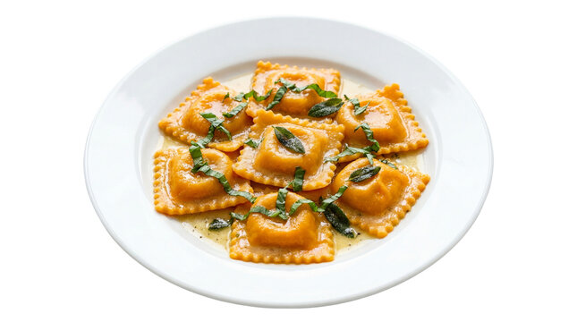 Square ravioli with sage and butter sauce, isolated on transparent background