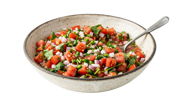 Fresh pico de gallo salsa with cilantro and onion in a bowl, isolated on transparent background
