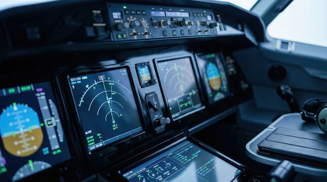 The cockpit features various flight instruments and control panels. Screens display navigation data and flight information while crew members manage operations inside the aircraft
